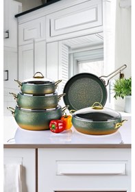 Resim 9 Parça Granit Güveç Tencere Seti Yeşil - Gold 