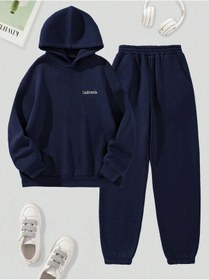 Resim California Minimal Yazı Eşofman Takımı Sweatshirt Jogger - Lacivert Baskılı Şardonlu Kapüşonlu Lacivert-33245 