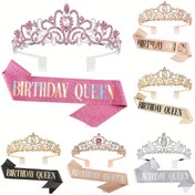 Resim Doğum Günü Kraliçesi Şerit ve Tiyatro Seti - Bling Rhinestone Kristal Taç, Kadınlar için Glittery Saç Aksesuarları Doğum Günü Partisi Süslemeleri, Çeşitli Renkler (Pembe, Altın, Siyah, Mor, Mavi, Yeşil, Bej), Doğum Günü Aksesuarları | Glittery Tiyatro | Metalik Kaplama, Doğum Günü Partisi Süslemeleri 