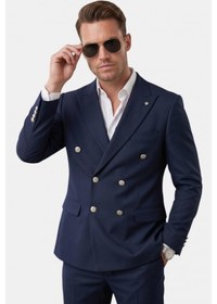 Resim Deep Sea Deepsea Erkek Lacivert Slim Fit Kruvaze Takım Elbise Likralı Çizgili Dokulu Metal Düğmeli 2600820 
