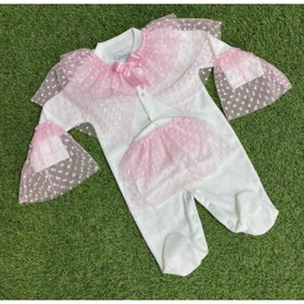 Resim Sönmez Baby Gelinlik Puanlı Dantel Şapka Ve Tulum Kız Bebe Takımı 