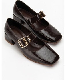 Resim Kadın Kısa Topuklu Ayakkabı Kahve Rugan Baretli Küt Burun-4185 Kahve 