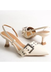 Resim Feles Zımba Toka Detaylı Arkası Açık Stiletto Kadın Topuklu Ayakkabı Ten 