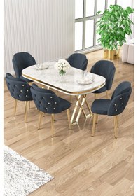 Resim Canisa Zae Serisi 90x168 Lak Panel Beyaz Mermer Desen Gold Ayak Masa Takımı 6 Antrasit Sandalye Masa Beyaz Mermer Ayaklar Gold Sandalye Antrasit 