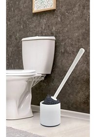 Resim Silikon Wc Tuvalet Fırçası Klozet Fırçası Beyaz-gri Oval Açık Ahşap 