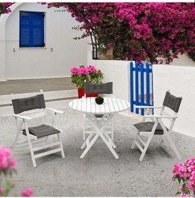Resim Marmaris Katlanır Ahşap Bahçe Set 70Lik Masa, 3 Minderli Sandalye Beyaz 