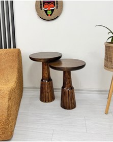 Resim ASELYA HOME Ahşap 2’li Set Mantar Yan Sehpa Modern Ceviz Renk Fiskos Zigon Çiçeklik 