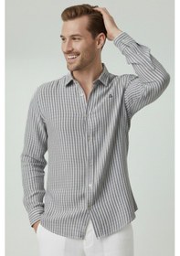 Resim Deepsea Gri Slim Fit Çizgili %100 Pamuk Erkek Gömlek Nefes Alan Şık Günlük Gömlek 2602626 Gri 