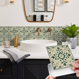 Resim 12 Adet Bohem Çiçekli Karo Sticker - Mutfak Arka Duvarı, Banyo & Merdiven Duvarları için Kendinden Yapışkanlı PVC Geometrik Dekoratif Fayanslar (10/15/20cm), Kolayca Yapıştırılabilir ve Çıkarılabilir Dekoratif Karolar, Ev Geliştirme, Vintage Estetik, Yüksek Kaliteli Vinil, İç Tasarımcılar 