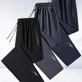 Resim Erkekler için büyük beden spor pantolon, elastik bel bağcıklı ve şimşek desenli yansıtıcı çizgili rahat kumaş, PLUS BEDEN 
