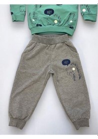 Resim Erkek Bebek Dinazor Baskılı Pamuklu Eşofman Takım-15176 Yesil 