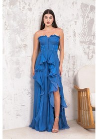 Resim Straplez Uzun İndigo Abiye Elbise-indigo İndigo 