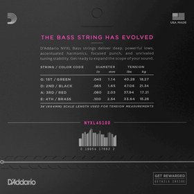 Resim D'Addario NYXL45100 NYXL Nickel 4 Telli Bas Gi̇tar Teli - Regular Light (45-100) 