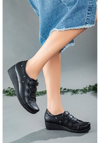 Resim Dilimler Ayakkabı Cırtlı Cilt Siyah Kadın Dolgu Taban Günlük Ayakkabı-2211-Siyah 