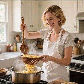 Resim Ahşap Pişirme Kaşığı, Doğal Gül Ağacı Wok Çevirici Seti, Ergonomik Saplı Mutfak Süzgeci ve Elde Yapılmış Ahşap Çevirici ve Süzgeç Kombinasyonu, Gerçek Gül Ağacından El İşi ile Artırılmış Konfor 