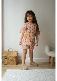 Resim Miniko Kids Kız Çocuk Ceylan Modelli Baskılı Şortlu Pamuk Takım Kahverengi 