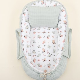 Resim Babynest ve Yastık - Çift Taraflı - Açık Yeşil Petek - Yeşil Kelebekler 