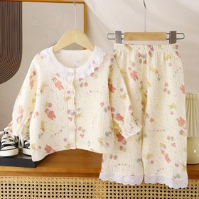 Resim 2'li/1 Takım İlkbahar Yaz 'Moda Uzun Kıyafet Seti, Pamuk Malzeme Rahat ve yumuşak Karikatur Sevim Ayı Çiçek Düğme Detaylı Fırfır Üst Ve Pantolonlu, Şık Giyinmeler Oynama Zamanlar ile uygundur 