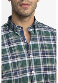 Resim Tudors Classic Fit Kısa Kol Ekoseli Düğmeli Yaka Erkek Yeşil Gömlek-27061-Yeşil 