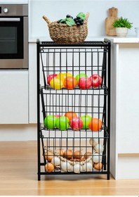 Resim Dekoratif Siyah Metal Sebzelik 3 Raflı Tel Sepetli Çok Amaçlı Stand Siyah 