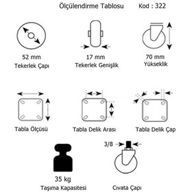 Resim Hts Döner 3-8 Vidalı Mobilya Tekeri Çap 52 Mm Kod 322 