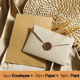Resim 36 Parça Set (6 Zarf + 6 Mühür + 24 Sayfa Antetli Kağıt) Lüks Keten Zarf ve Kırtasiye Seti - Mum Mühürlü, Kendinden Yapışkanlı, DIY Hediyeler, Düğün Davetiyeleri, Ofis Mektupları, Hediye Kartı Zarfları İçin 