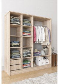 Resim AE-4001 Zambak Sürgülü Dolap Çok Raflı Çekmeceli Askılı Antrasit Gri Gardırop 