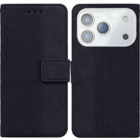 Resim İpohone Uyumlu 17 Pro Max İçin Kart Yuvalı Şok Geçirmez Cüzdan Kapak Askı Desteklenebilir Özellik Premium Pu Deri Kapak Geometrik Kabartmalı Cüzdan Kılıf 