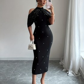 Resim Elegant Off-Shoulder Sequin Midi Elbise, Sırtı Açık Tasarım - Dar Kesim, Altın Parıltılı Kumaş, Akşam Etkinlikleri İçin Mükemmel, Yetişkin Kadın Modası, Resmi Akşam Giyimi | Offshoulder Elbise | Sequin Süslemeleri, Elbise 