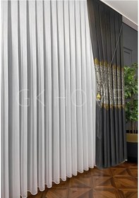 Resim Pano Fon Perde Gri Damask Çiçek Desenli Fon Perde Sık Pile 1/3 Tek Kanat Koyu Gri 