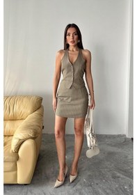 Resim Moderie Butik Haki Çizgili Yelek Ve Etek Takım Haki 