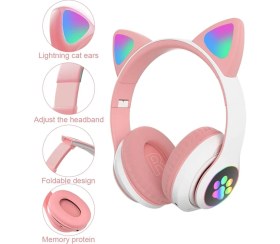 Resim Acl Kedi Kulaklı Bluetooth Kablosuz Renkli Işıklı Rgb Çocuk Oyuncu Kulaklık Hafıza Kartı Aux Girişli Kulak Üstü Kulaklık 