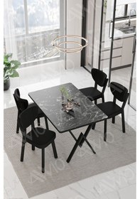 Resim Avvio Vanensi Elma Sandalye 80x120 Yemek Masası Mutfak Masası 4 Kişilik Masa Sandalye Takım Siyah Mermer 