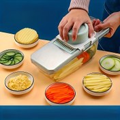 Resim 7 Paket, 1 Renk Mevcut. Değiştirilebilir Bıçaklı Paslanmaz Çelik Çok Amaçlı Sebze Dilimleyici ve Rendesi Seti, Patates, Havuç ve Salatalık için Manuel Mutfak Aracı Seti 