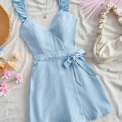 Resim Y2K Kadın Açık Mavi V-Yaka Kolsuz Tulum - Ayarlanabilir Fiyonklu Açık Sırt, Geniş Paça Esnemez Dokuma Kumaş, Makinede Yıkanabilir Her Mevsim Kullanıma Uygun 