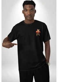 Resim Boks Yapan Kedi Siyah Oversize Unisex Ön Sol Yan Minimal Baskılı Tişört Koyu Siyah 