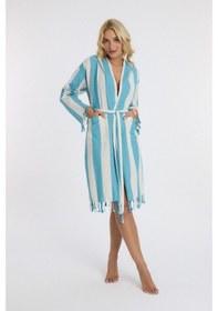 Resim Mulberry Striped Peştemal Bornoz Banyo Ve Plaj Elbisesi Mavi 