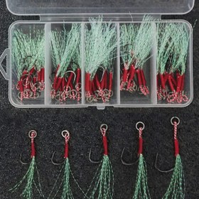 Resim 50 Parça Set Ağır Hizmet Tipi Tuzlu ve Tatlı Su Balıkçılığı Kancalar - Kristal Simli & Kırmızı/Beyaz Püsküllü Çekme Kancası, 5 Boyut (9#/10#/12#/13#/15#) - Paslanmaz, O-Halka Sistemli İki Çiftlik Keskin Kanca Tonbalığı, Levrek, Şahin balığı, Alabalık, Somon, Uskumru için Ideal, Çapma Avcılığına Yaklaşımda Mükemmel Bait Fishing & Large Game Fish (50pcs set), Olta Kancası Takımları, İkili Dönüşlü Single Otlaq Kancaları, Heavy Duty Örgülü Kancalar, Open Eye Hooks, 