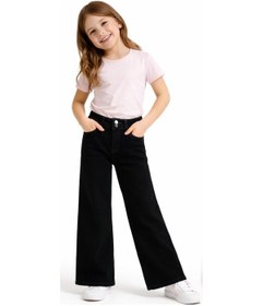 Resim İrem Kız Çocuk Geniş Paça Model Çift Düğme Detaylı Fermuar Kapamalı Eskitme Desenli Siyah Renk Kot Pantolon 