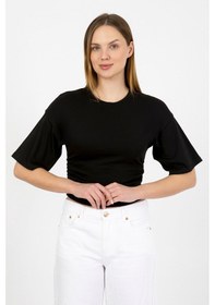 Resim Hdm Kadın Siyah Yanları Büzgülü Kısa Kol T-shirt - H6085 