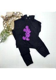 Resim 3-4-5 Yaş Kapşonlu Payetli Mickey Desenli Kısa Kol 2li Kız Erkek Çocuk Takımı 001 