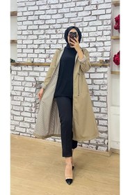 Resim Vibeys Collection Bej Içi Çizgili Ve Kendinden Astarlı Su Geçirmez Kadın Trençkot 
