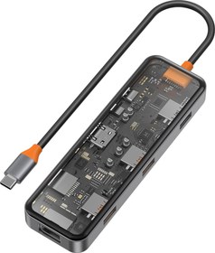 Resim CB008 Cyber 8 in 1 Type-C Hub 100W Şarj Destekli Şeffaf Görünüm SD Kart-RJ45-Hdmi-Usb Çoğaltıcı 