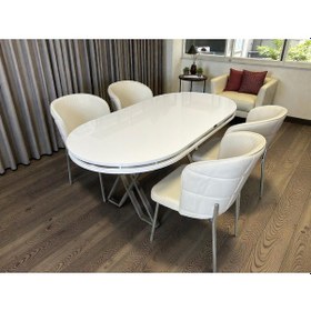 Resim Msy Home 4 Kişilik Serya Beyaz Oval Masa Krom Ayak Yönsüz Kumaş Modern Ve Şık Yemek Odası Takımı Krem 