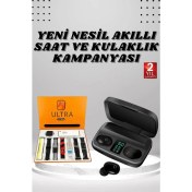 Resim Yeni Nesil Akıllı Saat ve Bluetooth Kulaklık Kampanyası Dokunmatik Kare 7 Kordonlu 