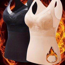 Resim Siyah ve Bej Renkli 2'li Kadın Termal Kadife Kısa Kollu Atlet, İçinde Sütyenli, Zarif Dantelli V-Yaka Şekillendirici Atlet, Kışlık Sıcak Polar Astarlı Kolsuz İç Giyim 