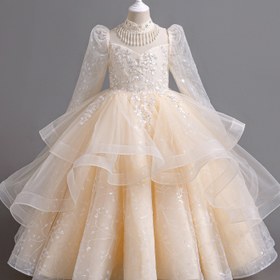 Resim Kız sunucu gece elbisesi piyano performansı uzun kollu şık zarif görünüm defile muhteşem dört mevsimlik, Küçük Kızlar İçin Prenses Akşam Elbisesi 