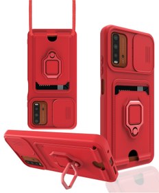 Resim AQUA AKSESUAR Xiaomi Redmi 9t Kılıf Ipli Ve Lens Korumalı Renkli Yüzüklü Askılı Telefon Kılıfı - Kırmızı 
