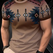 Resim Erkek Modası Bej T-Shirt, Geometrik Desenli, Kısa Kollu, Yuvarlak Yaka, Tüm Mevsimler İçin, Rahat Stil, Rahat Giyim Tee | Canlı Desenli Tee | Rahat Fit, BÜYÜK BEDEN 