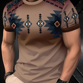 Resim Erkek Modası Bej T-Shirt, Geometrik Desenli, Kısa Kollu, Yuvarlak Yaka, Tüm Mevsimler İçin, Rahat Stil, Rahat Giyim Tee | Canlı Desenli Tee | Rahat Fit, BÜYÜK BEDEN 
